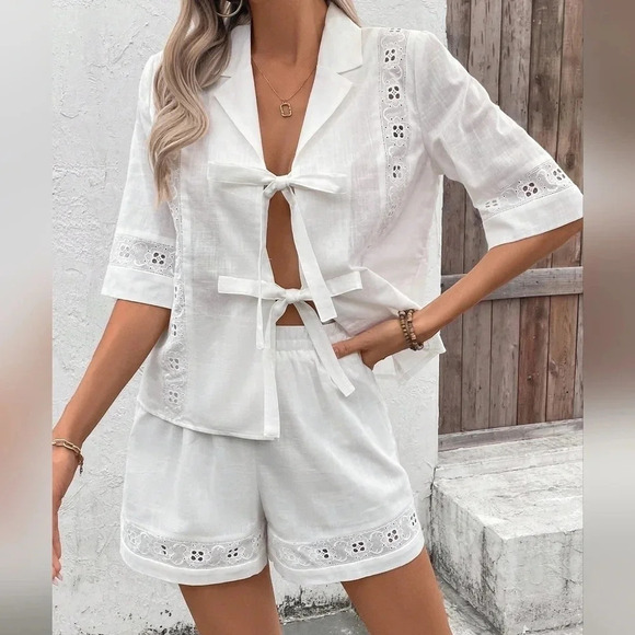 Tops - Women's Solid Color Simple Casual Short Sleeve T-Shirt And Shorts Set For Daily